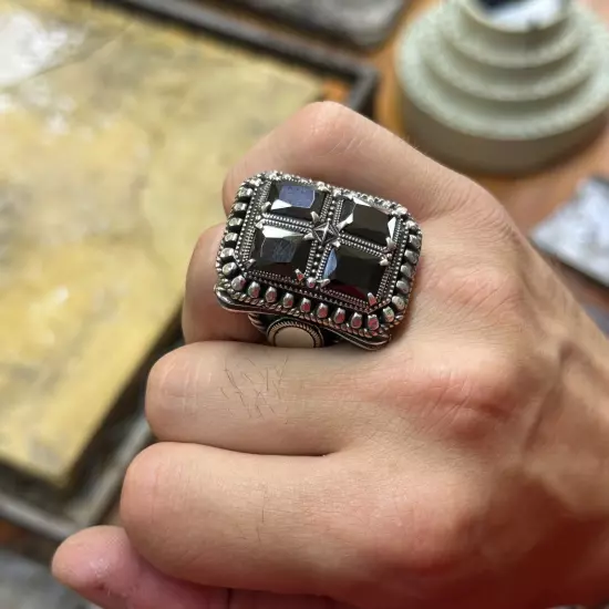 Men Silver Black Onyx Ring , Large Square Handmade Men Sterling Silver Ring