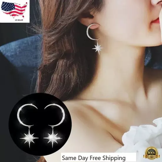 Boho Gold Star Sun Moon Crystal Rhinestone Drop Dangle Stud Earrings Jewelry Set