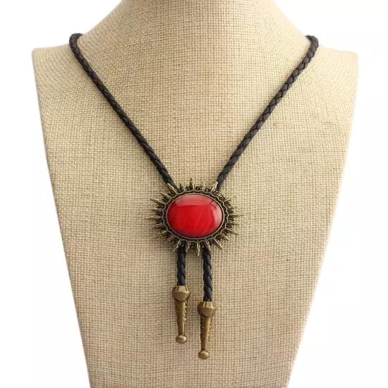 Bolo Tie for Men Western Cowboy Leather Necktie Rope Cord Red Stone Bolo Tie