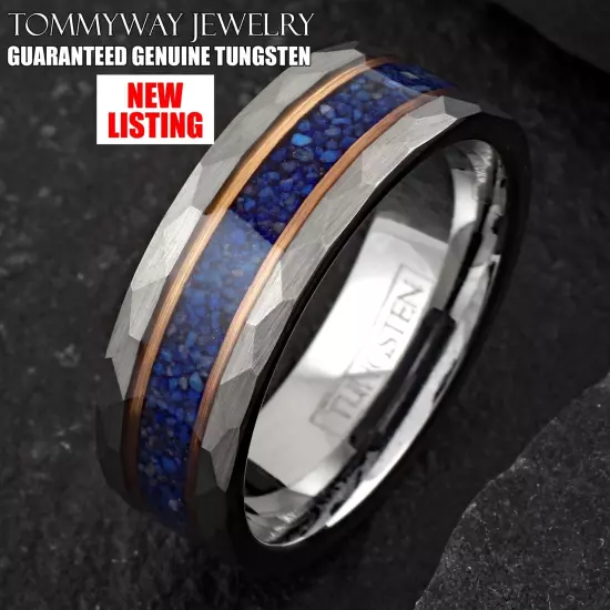 Tungsten Carbide Blue Lapis Lazuli Rose Gold Stripe Plated Wedding Band Ring