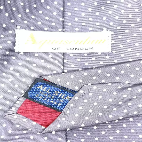 Aquascutum Made in England Smoke Grey White Pois Starlight Spot Foulard Silk Tie