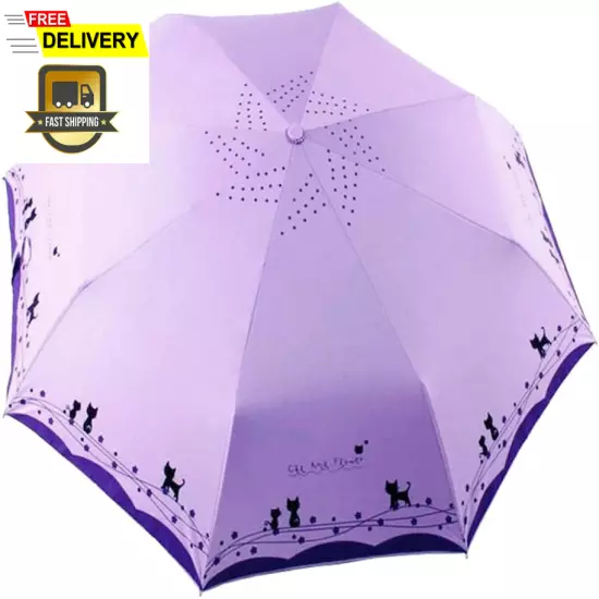 Windproof Compact Travel Folding Cute Cat Umbrella,Auto Open Close Rain&Sun USA.