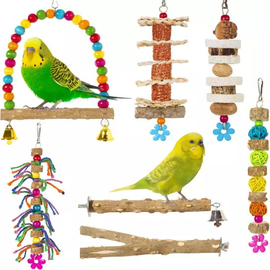 Bird Perch Parakeet Chewing Toys 7PCS - Parrot Cage Accessories Stuff, Natural W