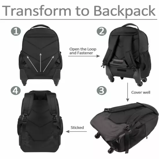 MATEIN Rolling Backpack w/ 4 Wheels, 17 inch Roller Travel Laptop Backpack Black