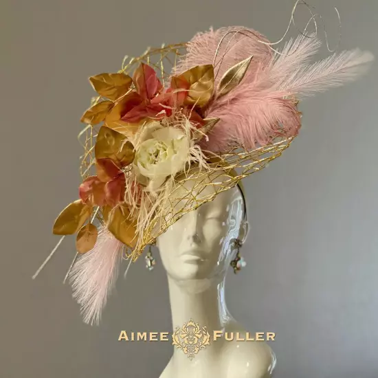 Aimee Fuller Kentucky Derby Hat Ascot Fascinator Gold Pink White Rose Del Mar