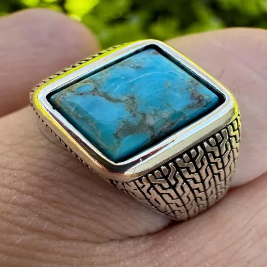 Blue Turquoise Mens Real Solid 925 Silver Navajo Native American Inspired Ring