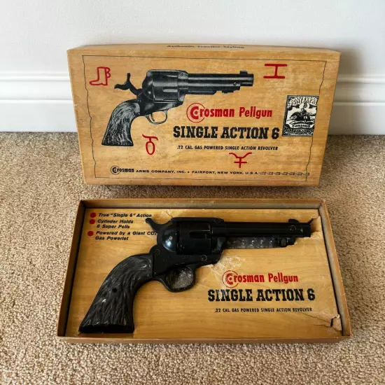 VINTAGE CROSMAN PELLGUN SINGLE ACTION 6 .22 CO2 REVOLVER w/ BOX NM daisy hahn