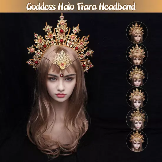 Antique Women Baroque Cross Goddess Halo Crown Headband Virgin Mary Headpieces