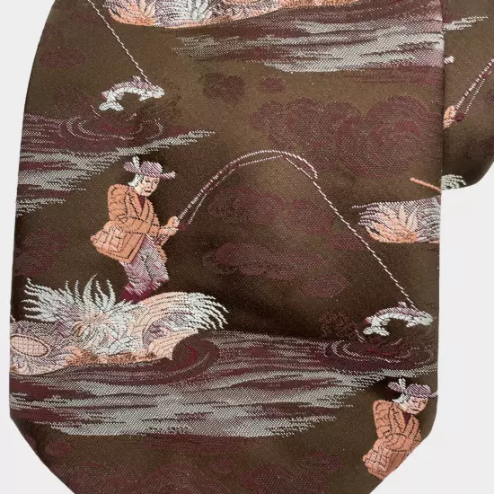 Vintage Keynote England Fly Fishing Trout Wide Brown 1970's Necktie Tie 4" x 53"