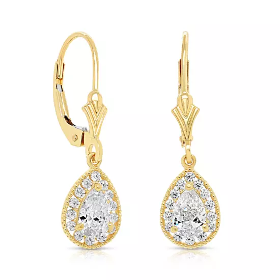 14K Real Solid Gold Pear-Cut Teardrop Halo CZ Dangle Drop Earrings Lever-back