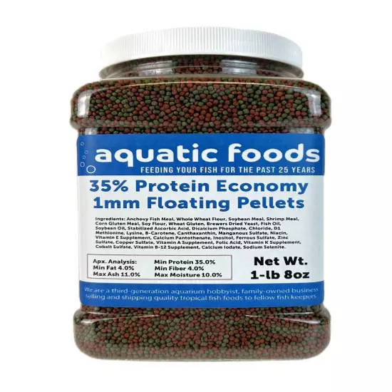 1mm - 1/32" 35% Protein Economy Floating Pellets for Tropicals & More. WL-JAR