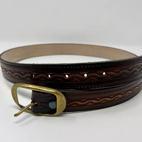 Vintage Men's Brown Brass Buckle Hand-Tooled Leather Belt Size 38