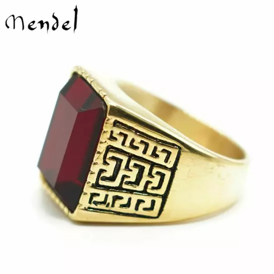 MENDEL Mens Gold Plated Stainless Steel Red CZ Crystal Stone Ring Men Size 7-15