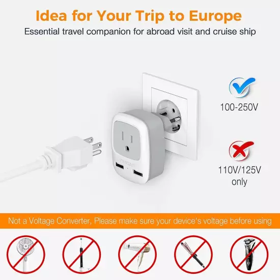 European Travel Plug Adapter, Europe Power Plug with 2 USB Ports, Type C