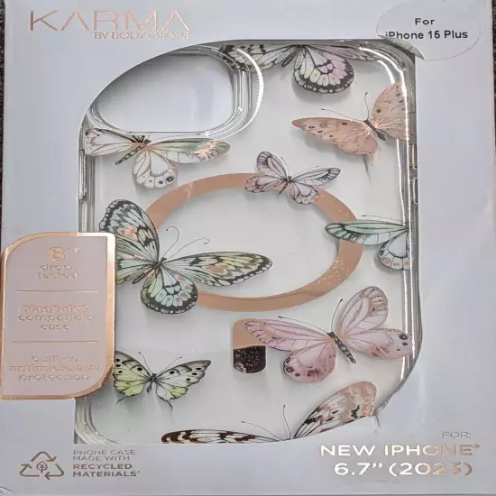 NEW - Karma by Body Glove Pink Butterflies with MagSafe Case For iPhone 15 Plus