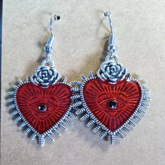 Red Enamel with Evil Eye, Heart shaped, Silvertone, Pierced Dangle Earrings Goth