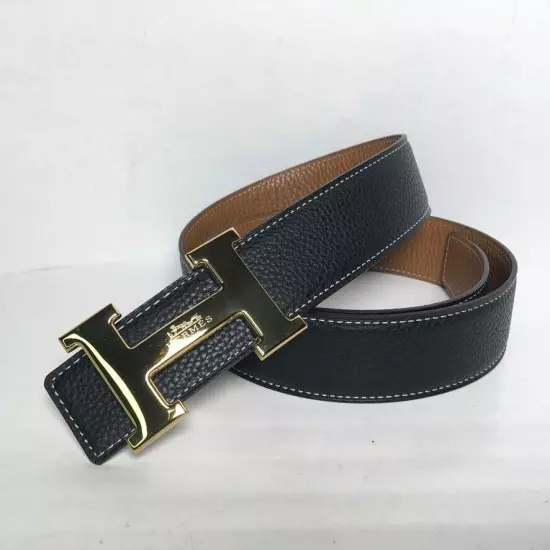 Hermes Gold Buckle Reversible Leather Black Brown white Stitch Belt 95 Unisex