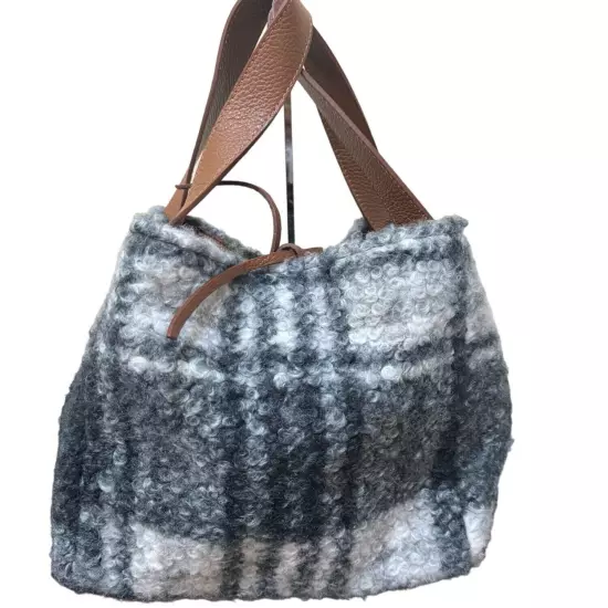 Sundance Maple Glen Teddy Plaid Tote Bag Felted Textured Pebbled Leather Preppy 