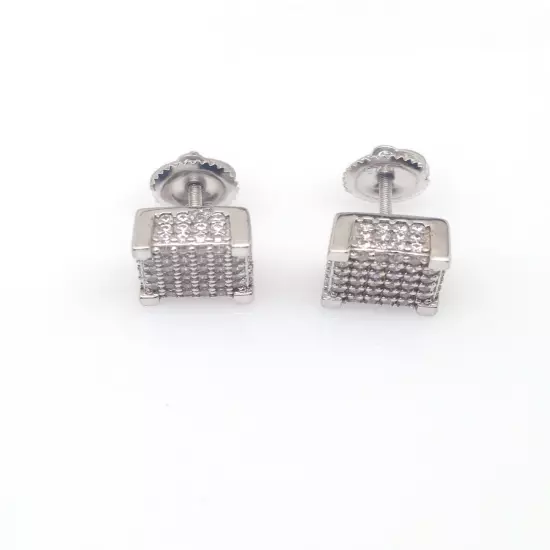 Men's 925 Sterling Silver Cz Square Cube Stud Earrings 7mm x4.5mm Screw Back