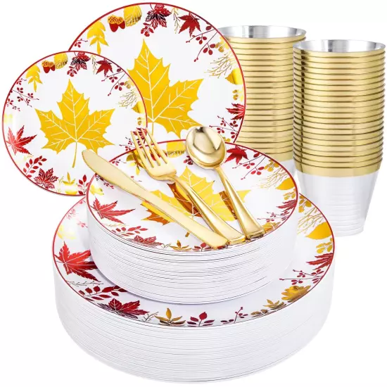 KIRE 150PCS Thanksgiving Plates Dinnerware Maple Leaves - Plastic Thanksgivin...