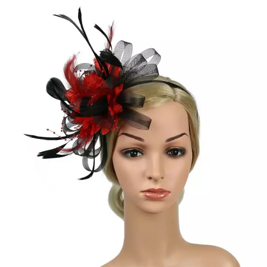 Women Fascinator Feather Hat Flower Hair Clip Church Wedding Party Headwear Clip