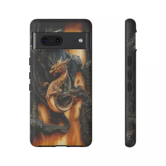 For iPhone, Samsung Galaxy, Pixel - Phone Case Cover - Carved Wood Dragon Print