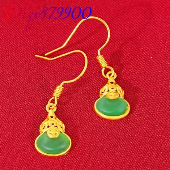 Natural Jade Gourd Earrings Real Jewelry 18K Gold Plated Talismans Amulet Charm