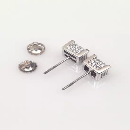 Men's 925 Sterling Silver Cz Square Cube Stud Earrings 7mm x4.5mm Screw Back