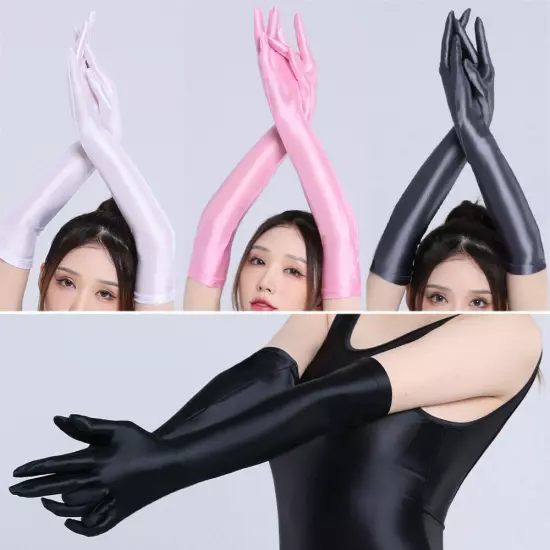 Women's Satin Shiny Wet Look Bridal Prom Wedding Party Costume Long Opera Gloves