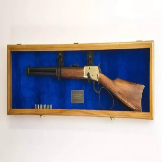 Gun Display Case Cabinet Rifle Oak Blue Solid Wood Shotgun Frame Shadow Box 44" 