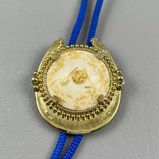 Bolo Necktie Horseshoe Prospector Faux Gold Tips Blue Braided Rope Mens Unisex