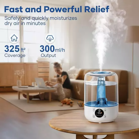 HiLIFE Humidifier for Bedroom, 3 Times Fog Coverage, 3.2L Ultrasonic Cool Mist