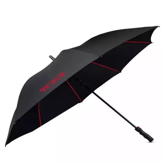 Tumi Black Stick Umbrella w/Red Logo & Protective Sleeve Cover New With Tags