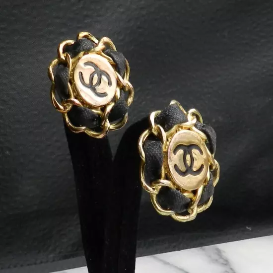 Vintage CHANEL Earrings Gold Tone & Black Leather Clips France Signed As Found