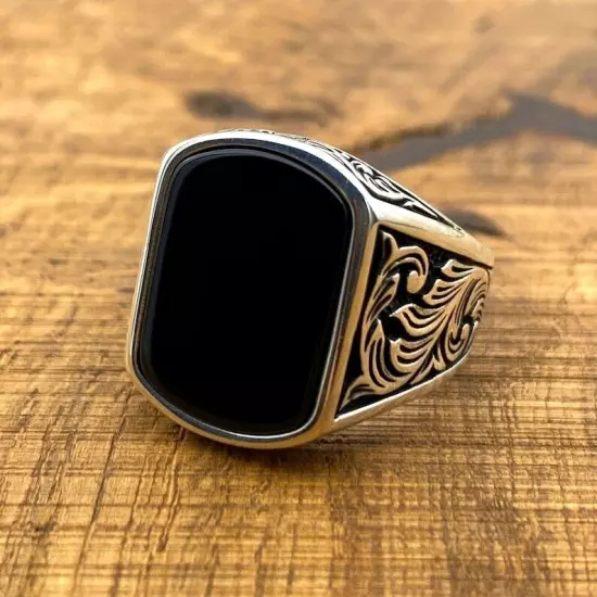 Solid 925 Sterling Silver Men's Ring With Black Onyx Natural Gemstone Jewelry