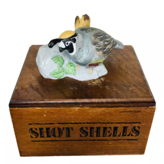 Vintage Jasco Ceramic California Quail Wooden "Shot Shells" Ammo Trinket Box 