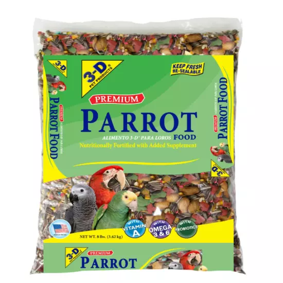 3-D Pet Products Premium Parrot Bird Food Seeds with Probiotics 8 lb. Bag