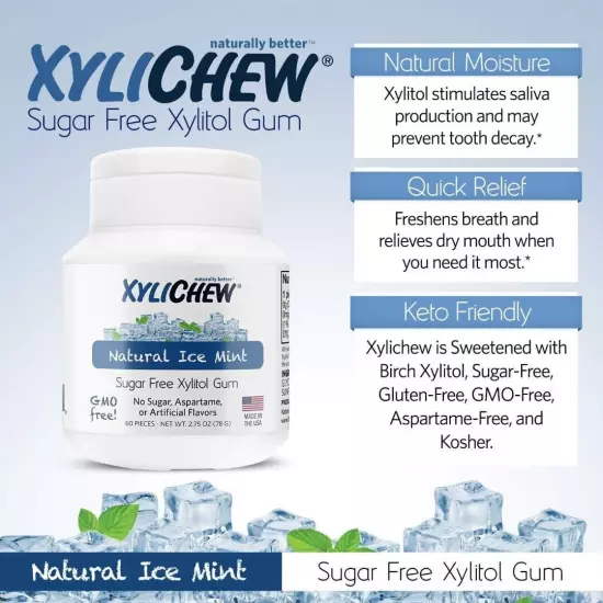 Xylichew 100% Xylitol Chewing Gum, Non-GMO, Non-Aspartame, Gluten & Sugar-Free