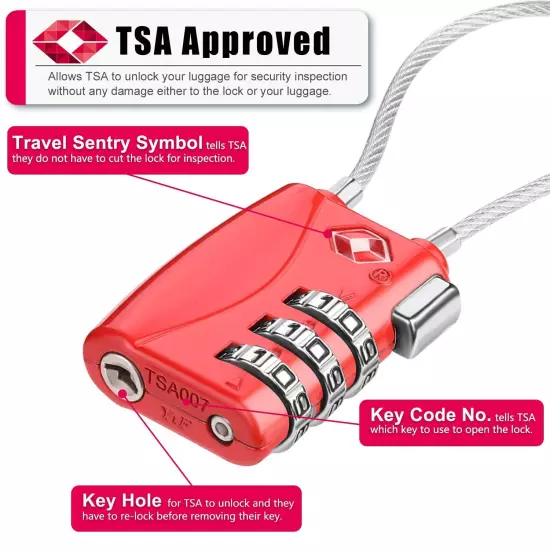 TSA Approved Cable Luggage Lock, 3 Dight Combination Padlock for Suitcases, B...