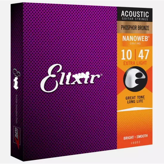 6 PC Elixirr 16002 Phosphor Bronze Extra Light Acoustic Guitar Strings 10 - 47