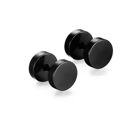 Stainless Steel Pair Black Flat Round Barbell Plug Stud Earrings Mens Gym 14-3mm