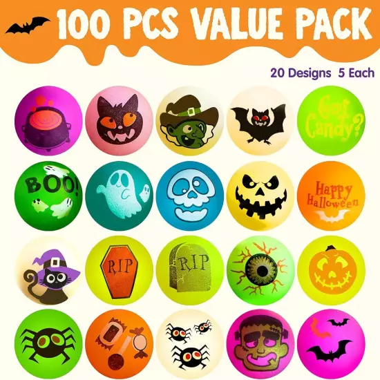 JOYIN 100 PCS Halloween Glow in The Dark Bouncing Balls, 20 Designs... 