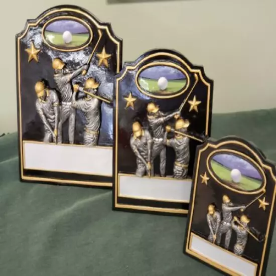 Set of 3 - 1st, 2nd & 3rd NEW GOLF awards, plaque, hangs or stands w/ engraving