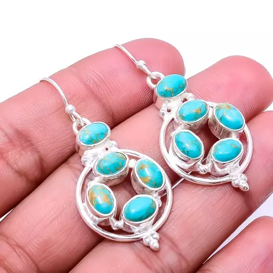 Copper Blue Turquoise Multi Collet Gemstone 925 Sterling Silver Earring 1.83" E2