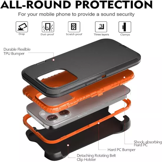 For iPhone 16 15 14 Plus 13 12 Pro Max Shockproof Heavy Duty Case + Belt Clip