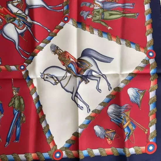 HERMÈS Scarf Carres 90 Red White Silk Horse Knight Pattern Women France