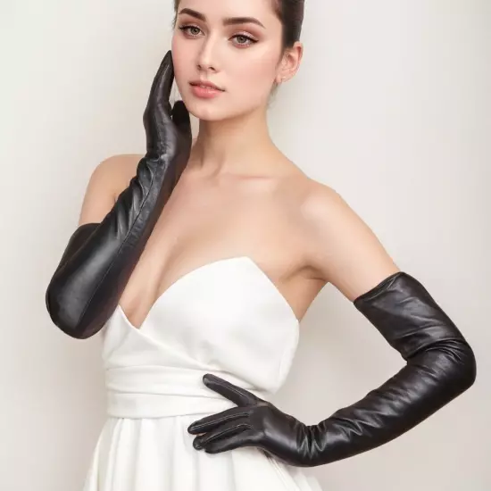 Women Opera 58cm(22.8") Sheep Leather Black Gloves Wedding party Long Gloves