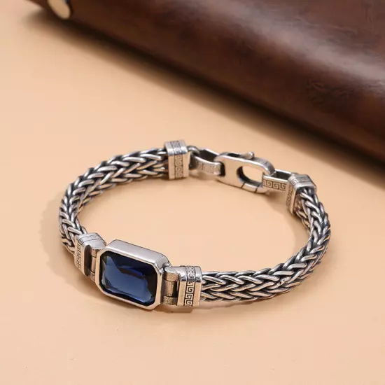 6MM Real 925 Sterling Silver Foxtail Braided Chain Blue Zircon Vintage Bracelet