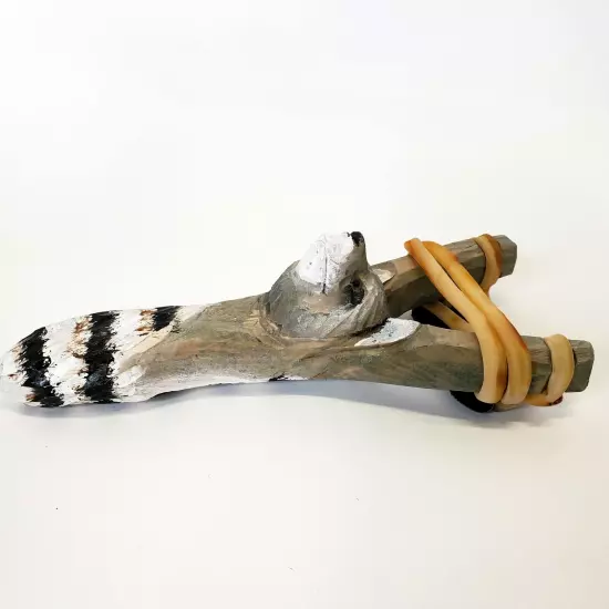 HANDMADE WOOD CARVED HAND PAINTED RACOON HEAD SLING SHOT