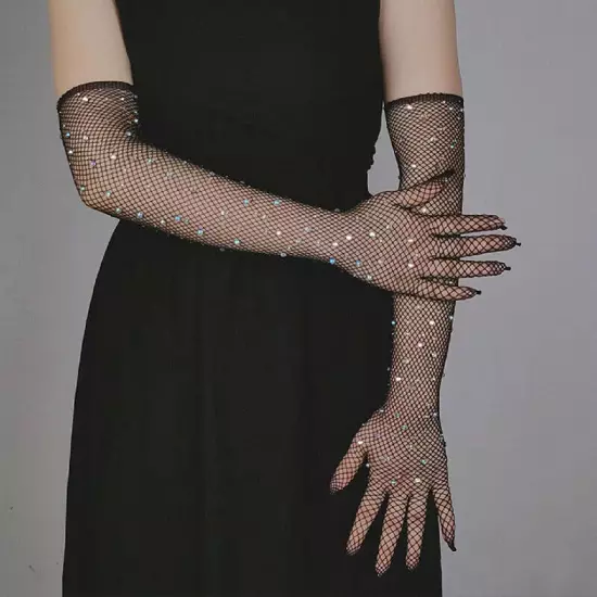 Fishnet Long Gloves Women Rhinestones Gloves Mesh Wrist Arm Gloves Dance Gloves